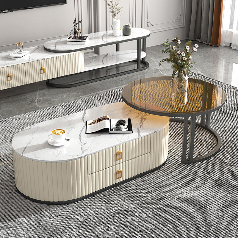 Oval Tropical Coffee Table Slate Storage 2 Nesting Coffee Table Set