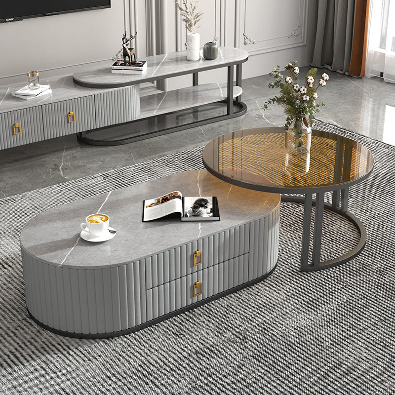 Oval Tropical Coffee Table Slate Storage 2 Nesting Coffee Table Set