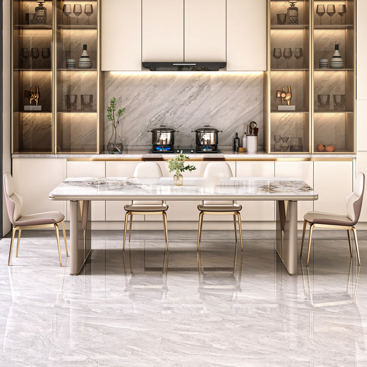 High Gloss White Dining Table Set 1/4/5/7 Pieces Stone Dinette Set for Kitchen