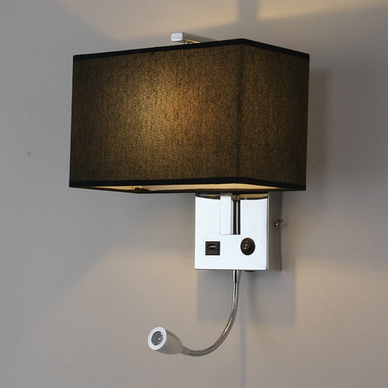 Adjustable Modern Metal Wall Sconce Rectangle Wall Light with Fabric Shade for Bedroom