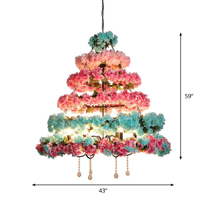 Pink and Blue 6 Bulbs Chandelier Loft Iron Multi Circle Cage Flower Suspension Lighting with Crystal Accent