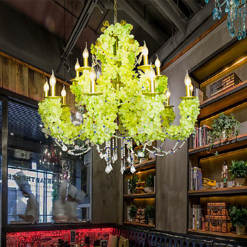 12 Lampenkerzenkerzen Anhänger Kronleuchter Vintage Gold Metall Pflanzen Suspension Licht mit Kristalldekoration