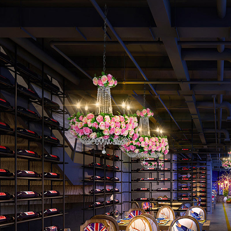 Farmhouse Candelabra Chandelier Iluminación de flores de hierro de 6 cabezas Luz de techo en rosa con acento de cristal