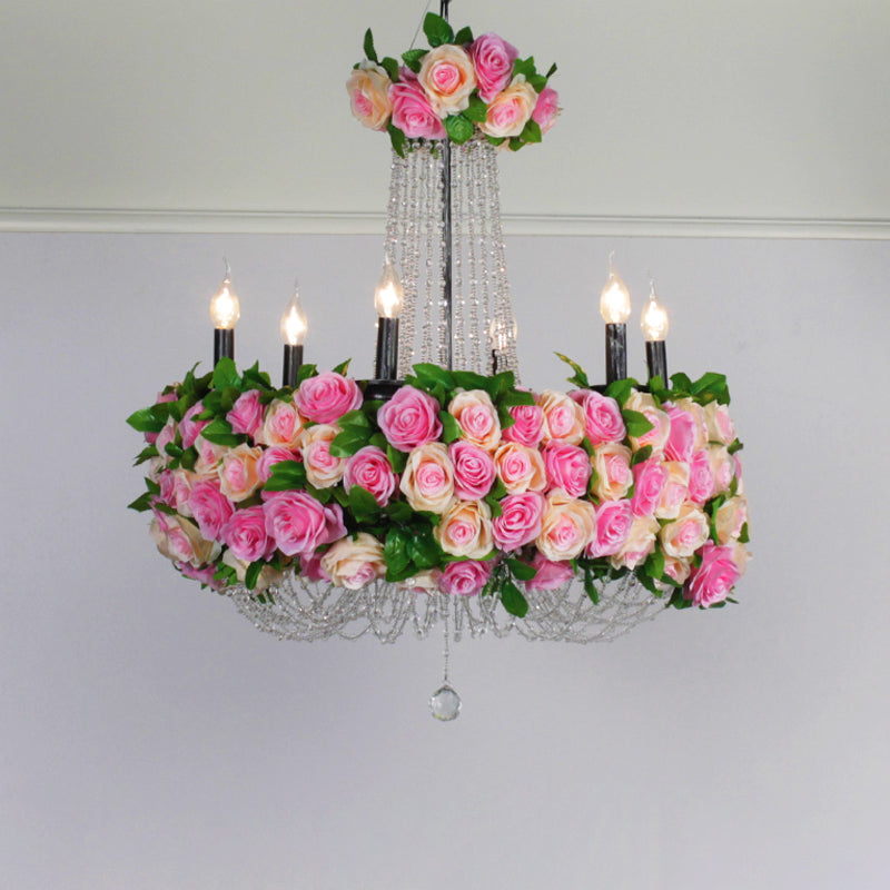 Farmhouse Candelabra Chandelier Iluminación de flores de hierro de 6 cabezas Luz de techo en rosa con acento de cristal