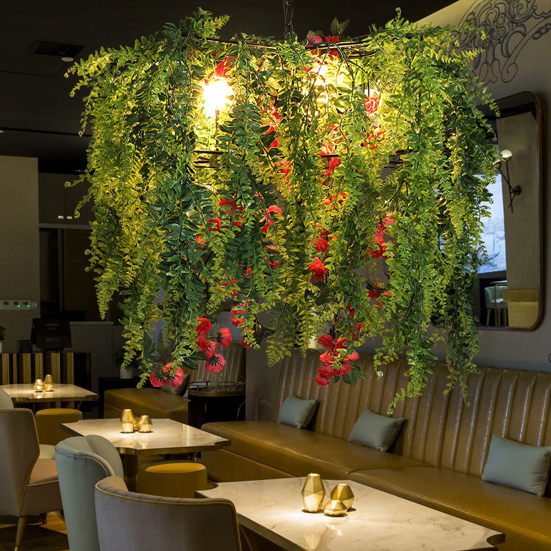 Lámpara de araña de guardia de alambre de almacén 4 bombillas Luz de techo colgante de hierro en verde con decoración de plantas