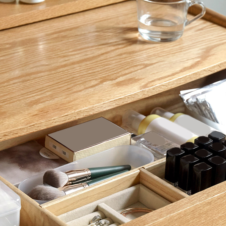 Solid Wood Makeup Table Vanity Stool with Drawers and Mirror in Natural