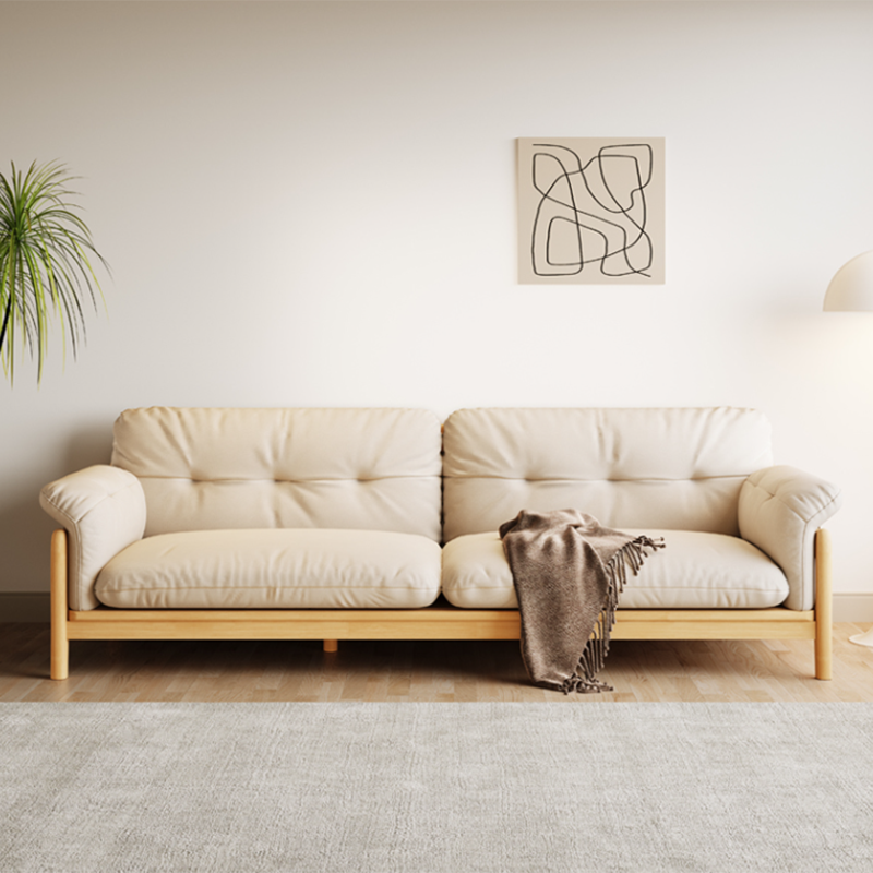 Solid Wood Tufted Settee Flared Arm Beige Cushions Sofa -39.4" H