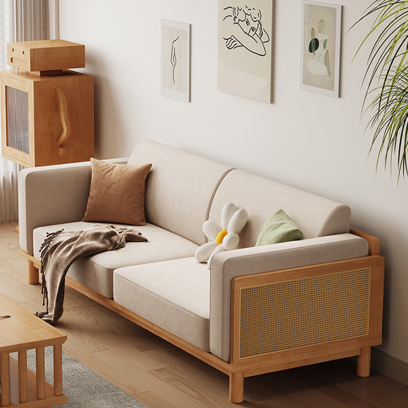 89" Wide Square Arm Sofa 3-Seater Solid Wood Sofa with Rattan Accent