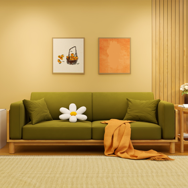 89" Wide Square Arm Sofa 3-Seater Solid Wood Sofa with Rattan Accent