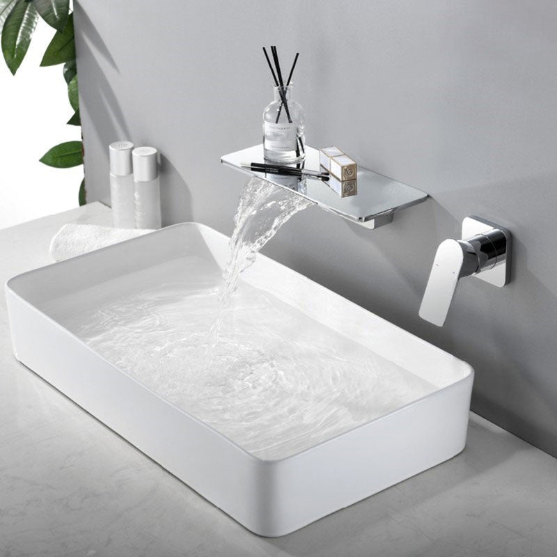 Sink Faucet Wall Mount Waterfall Spout 2 Holes Lever Handle Bathroom Faucet