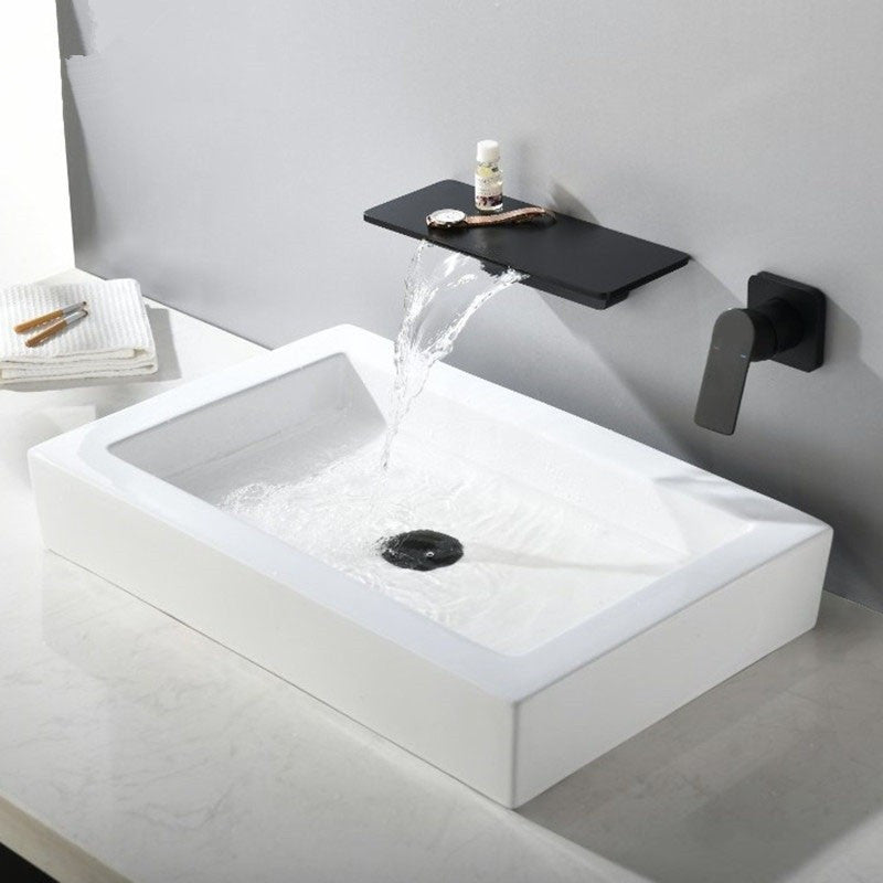 Sink Faucet Wall Mount Waterfall Spout 2 Holes Lever Handle Bathroom Faucet