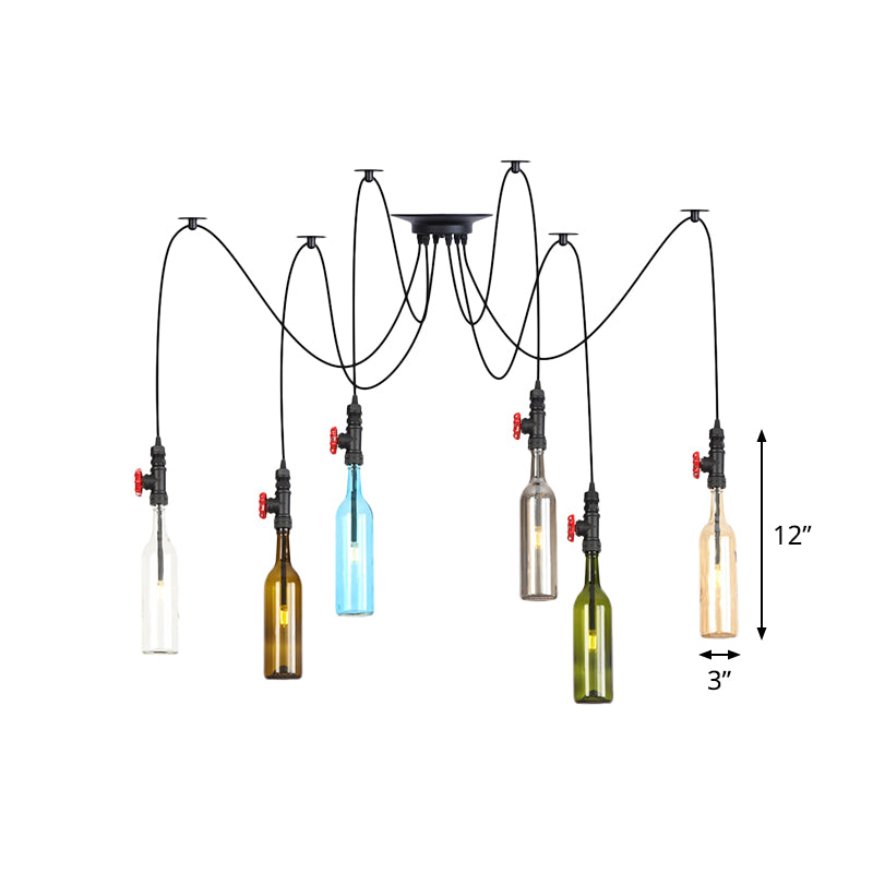 6/8/10 Lights Swag LED Multi Pendant Vintage Restaurant Hanging Ceiling Lamp with Bottle Colored Glass Shade in Black