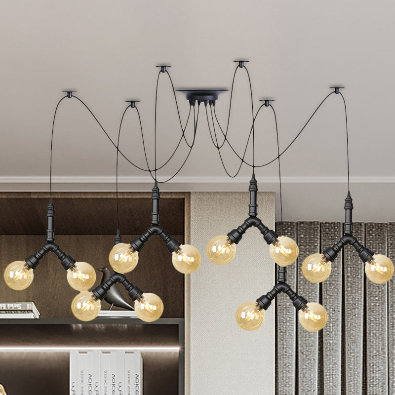 Amber Glass Globe Swag Multi Ceiling Light Industrial 4/6/12 Lights Restaurant LED Pendulum Lamp in Black