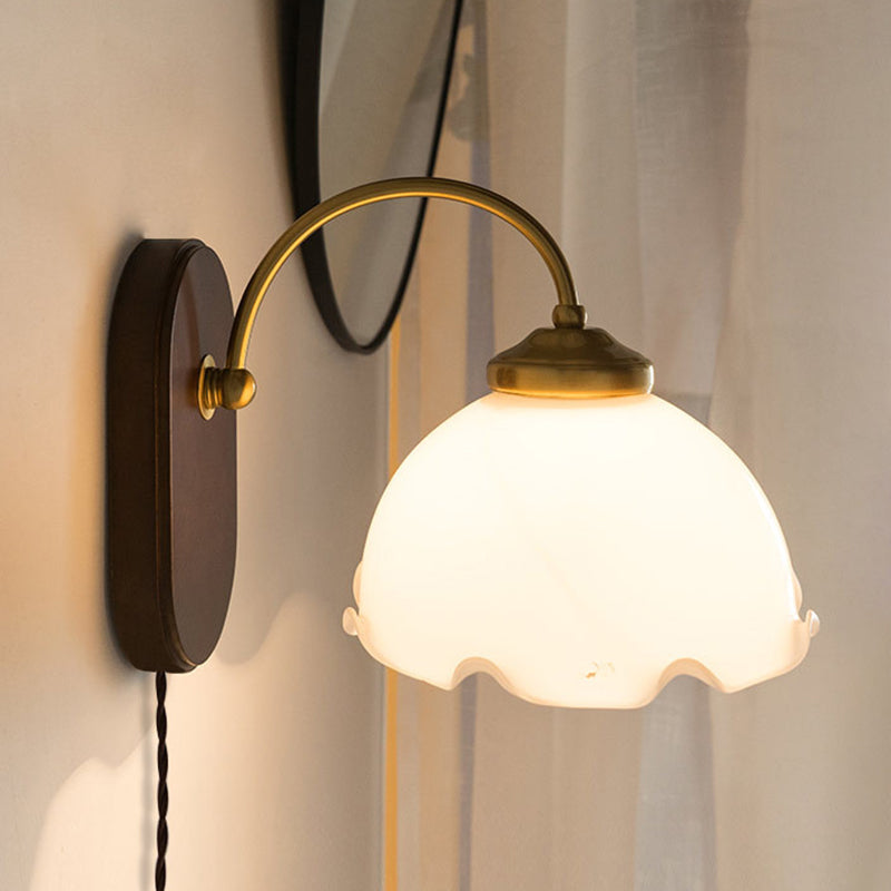 Modern Wood Wall Sconce Flower Shape Vanity Lamp with Glass Shade for Bathroom