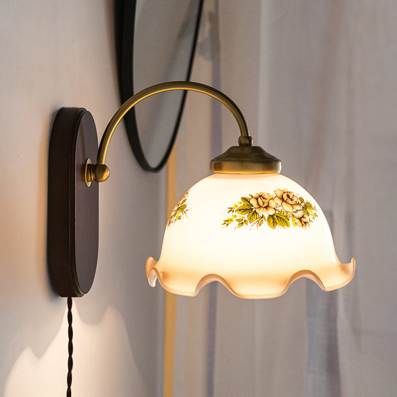 Modern Wood Wall Sconce Flower Shape Vanity Lamp with Glass Shade for Bathroom