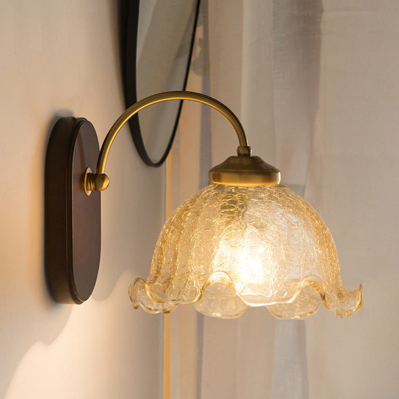 Modern Wood Wall Sconce Flower Shape Vanity Lamp with Glass Shade for Bathroom