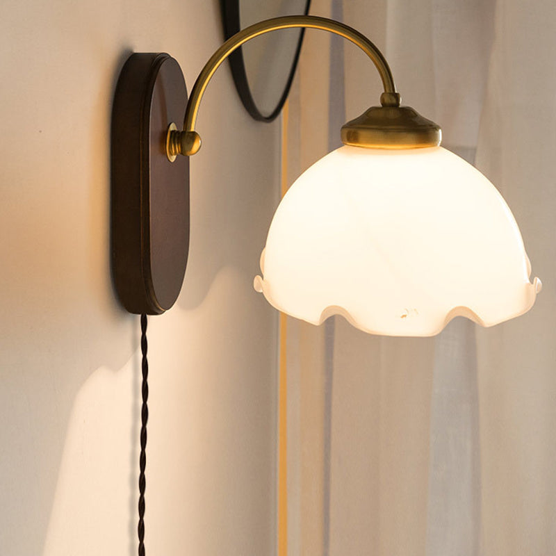 Modern Wood Wall Sconce Flower Shape Vanity Lamp with Glass Shade for Bathroom