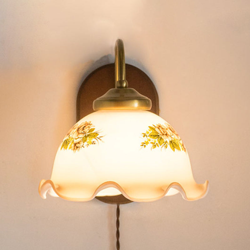 Modern Wood Wall Sconce Flower Shape Vanity Lamp with Glass Shade for Bathroom