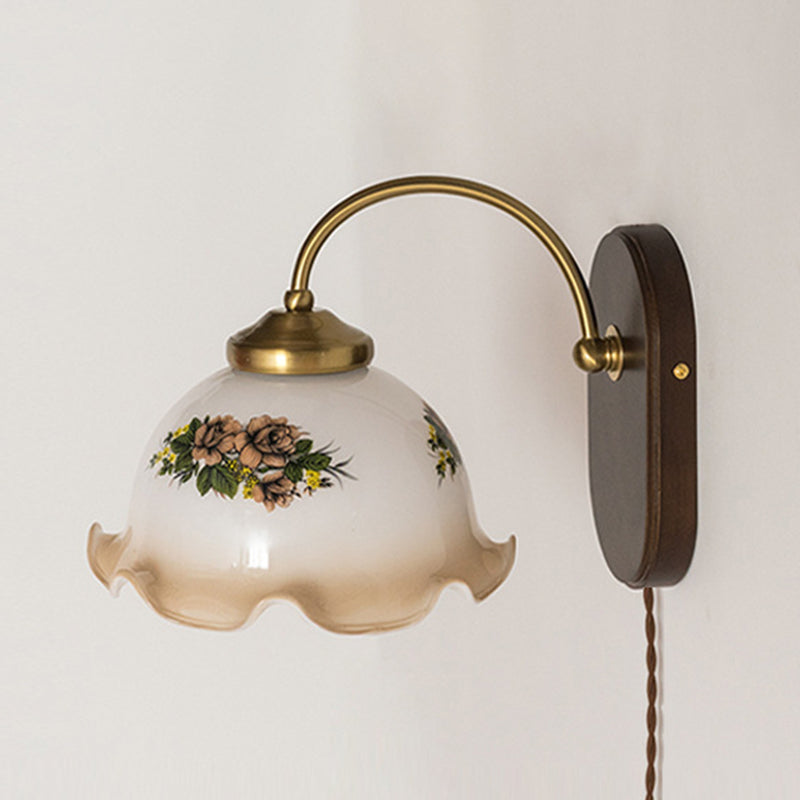Modern Wood Wall Sconce Flower Shape Vanity Lamp with Glass Shade for Bathroom