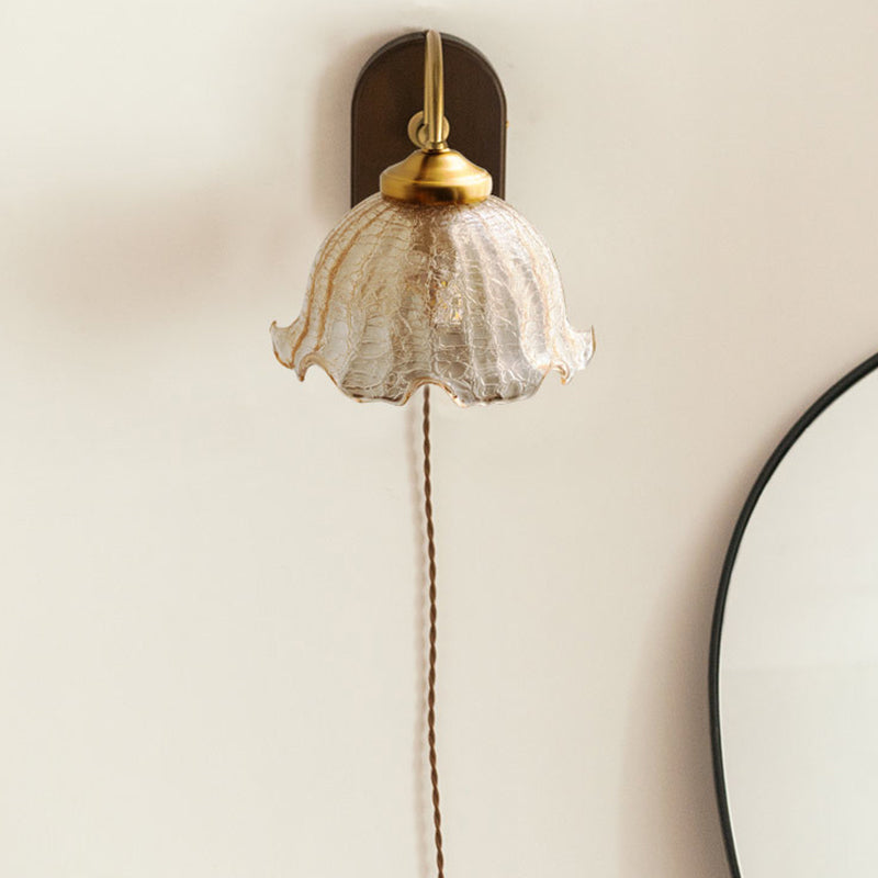 Modern Wood Wall Sconce Flower Shape Vanity Lamp with Glass Shade for Bathroom