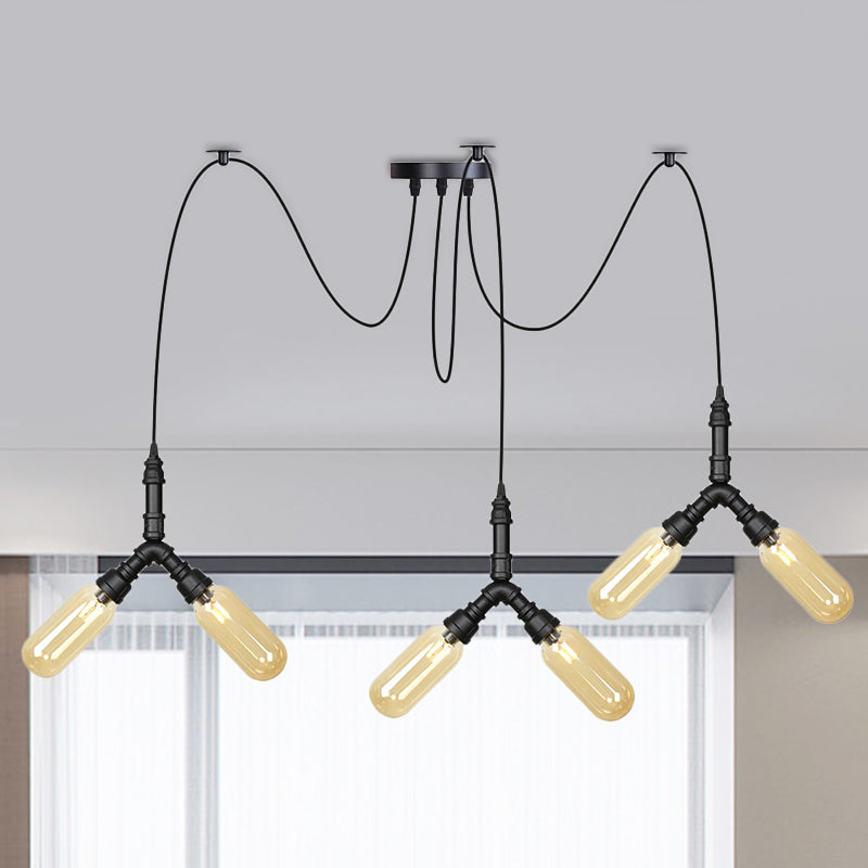 Industrial Capsule Multiple Hanging Light 4/6/12-Head Amber Glass Swag LED Ceiling Lamp in Black