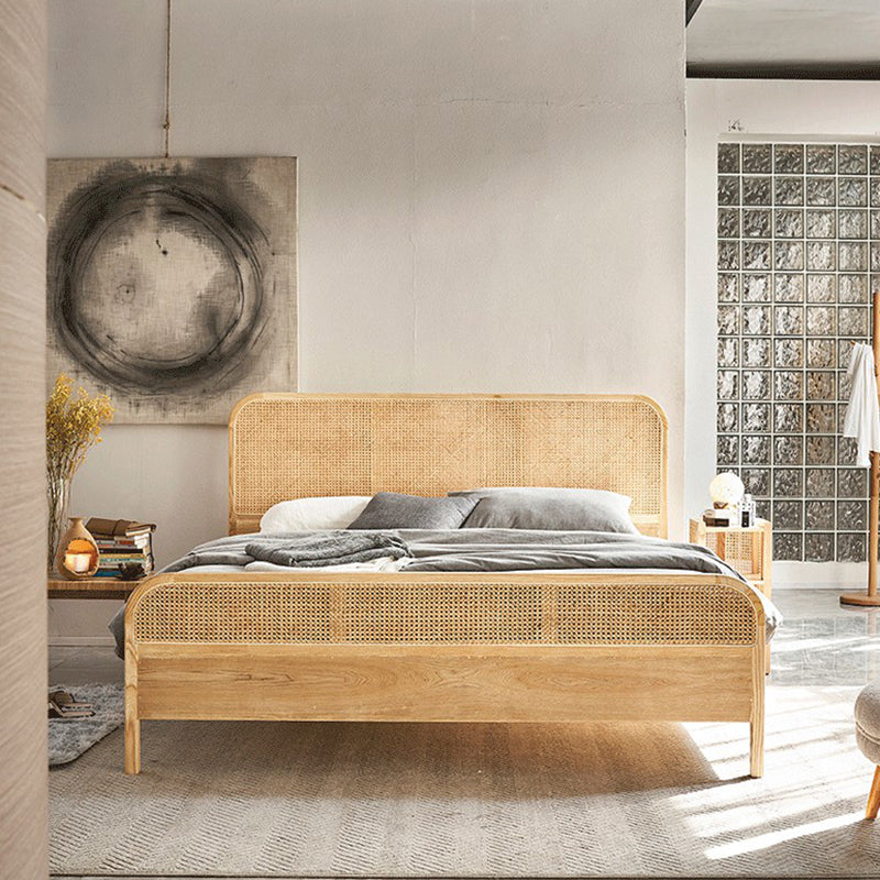 Natural Solid Wood Standard Bed Tropical Panel Bed with Headboard and Footboard