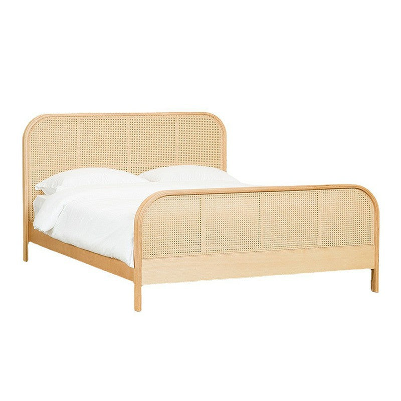 Natural Solid Wood Standard Bed Tropical Panel Bed with Headboard and Footboard