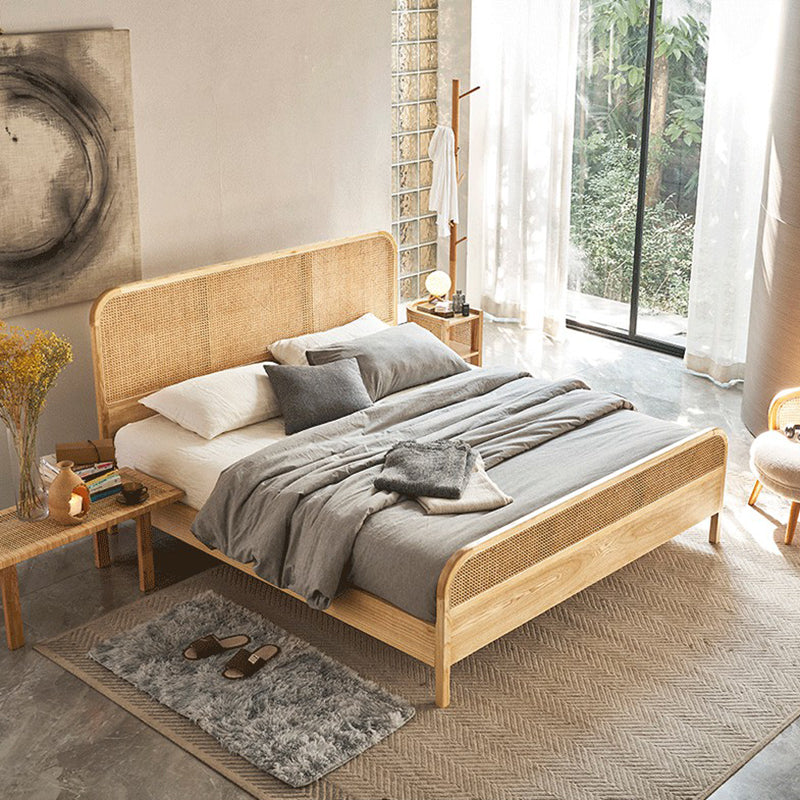 Natural Solid Wood Standard Bed Tropical Panel Bed with Headboard and Footboard