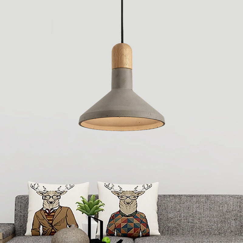 Vintage Style Flared Pendant Light Kit 1 Head Cement Hanging Ceiling Lamp in Grey and Wood