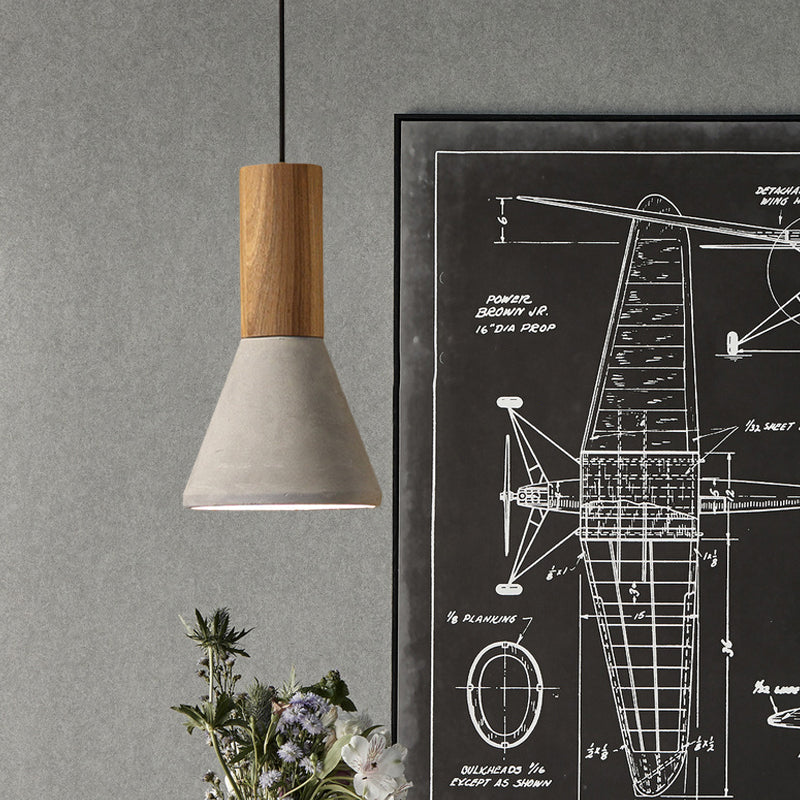 Cement Grey Hanging Light Kit Cone/Trapezoid/Can 1-Head 8.5"/10"/12" High Industrial Pendant Lamp Fixture with Wood Top