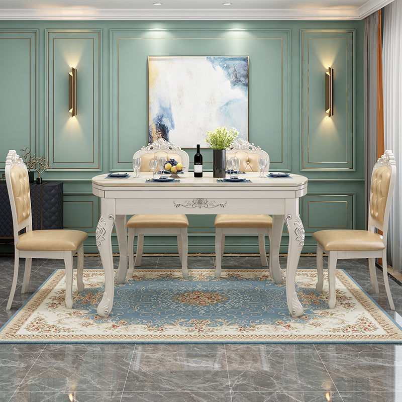 Faux Marble Dining Table Round 4 Legs Dining Site Table with Drop-Leaf