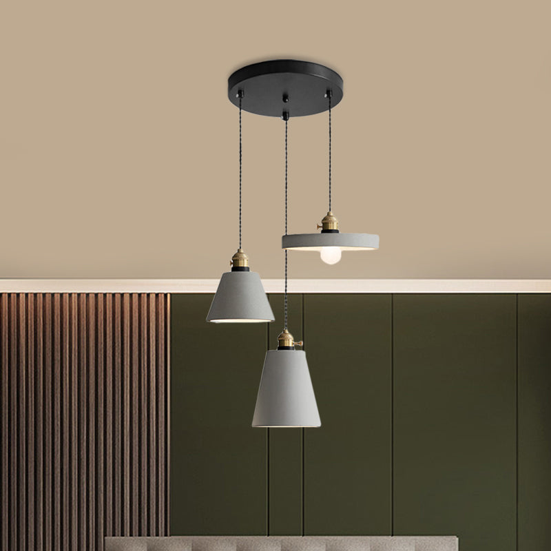 Industrial Geometric Multi Pendant 3 Lights Cement Hanging Ceiling Lamp in Grey with Round Canopy