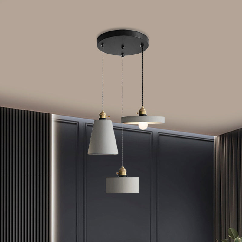Industrial Geometric Multi Pendant 3 Lights Cement Hanging Ceiling Lamp in Grey with Round Canopy