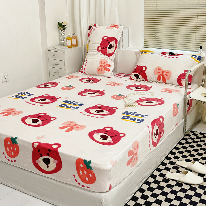 Modern Bed Sheet Set Cartoon Print Flannel Fitted Sheet for Bedroom