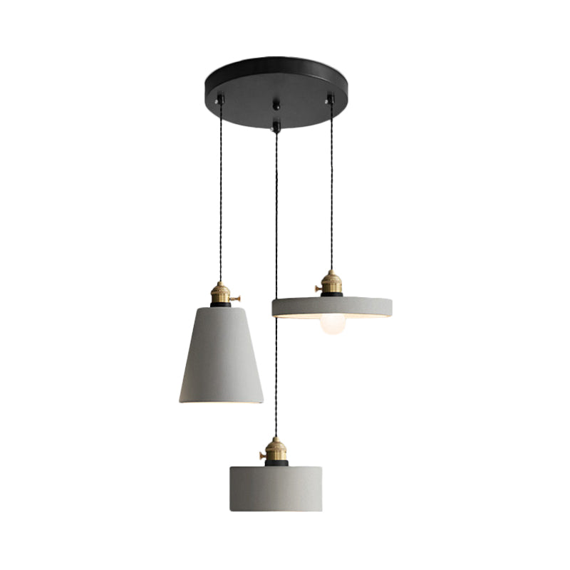 Industrial Geometric Multi Pendant 3 Lights Cement Hanging Ceiling Lamp in Grey with Round Canopy