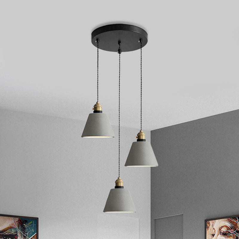 Grey 3 Heads Multi Ceiling Light Industrial Cement Cone/Bell/Drum Pendant Lamp Fixture, 3"/5"/6" H