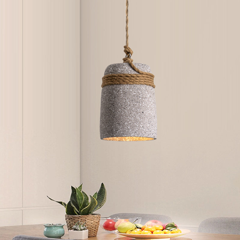 Cement Bell Pendant Lighting Antiqued 1 Bulb Restaurant Ceiling Lamp in Black/Grey/White with Rope Rod