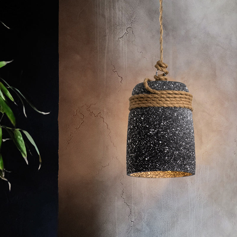 Cement Bell Pendant Lighting Antiqued 1 Bulb Restaurant Ceiling Lamp in Black/Grey/White with Rope Rod