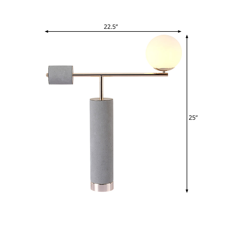 1 Head Tubular Table Lighting Industrial Grey Cement Nightstand Lamp with Orb Opal Glass Shade