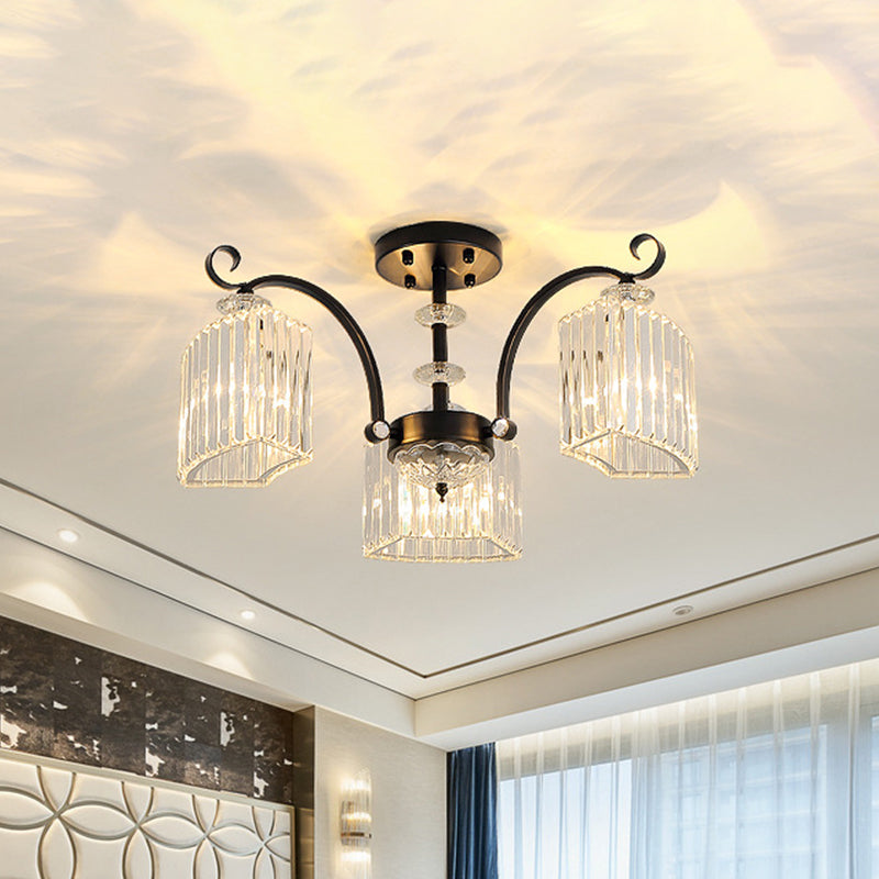 Black 3/9 Bulbs Semi Flush Mount Modern Crystal Block Arc Frame Close to Ceiling Light