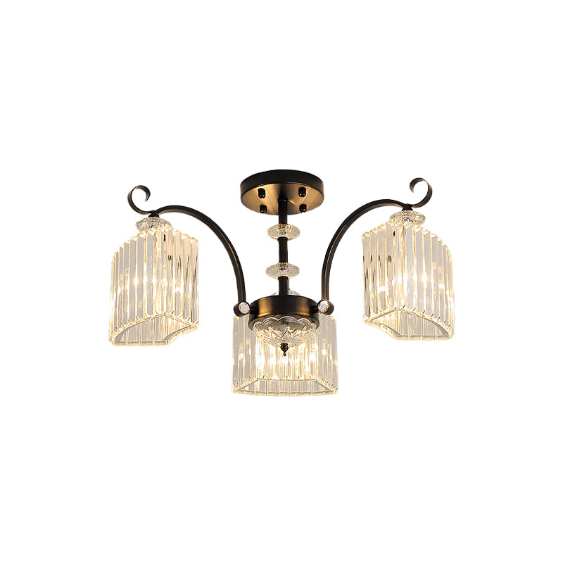 Black 3/9 Bulbs Semi Flush Mount Modern Crystal Block Arc Frame Close to Ceiling Light