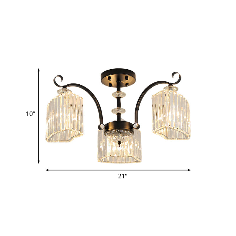 Black 3/9 Bulbs Semi Flush Mount Modern Crystal Block Arc Frame Close to Ceiling Light