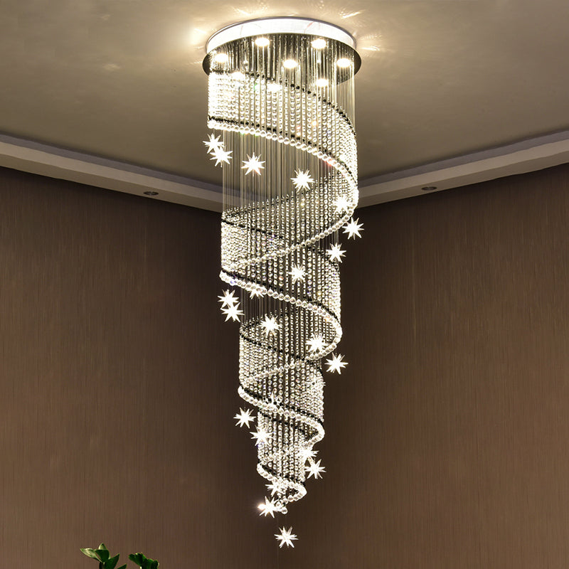 Luce a più soffitto a spirale contemporanea 4 teste di sospensione per tallone in cristallo trasparente per scale