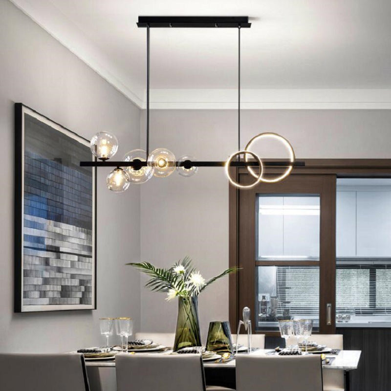 Post Modern Kitchen Island Light in Black / Gold Aluminum Ceiling Fixture with Glass Shade