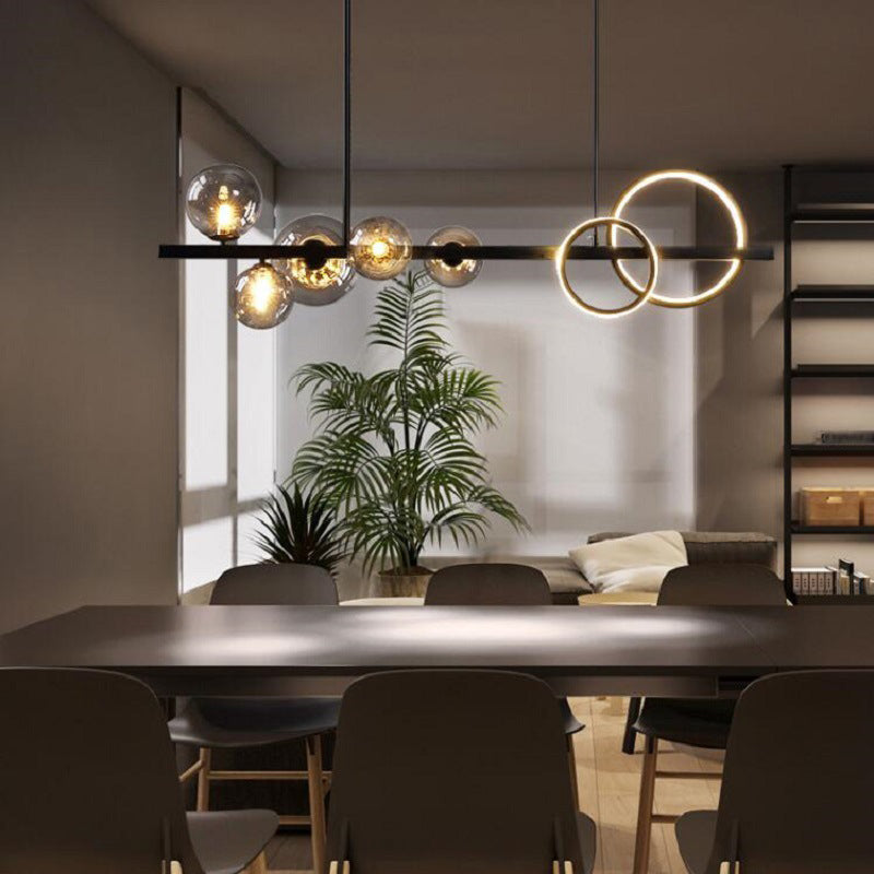 Post Modern Kitchen Island Light in Black / Gold Aluminum Ceiling Fixture with Glass Shade