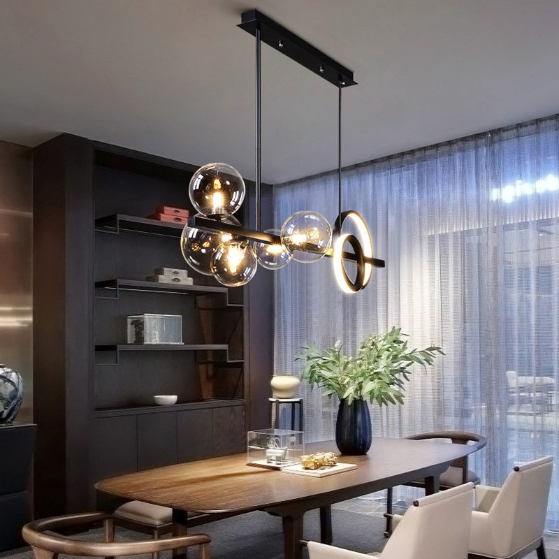 Post Modern Kitchen Island Light in Black / Gold Aluminum Ceiling Fixture with Glass Shade