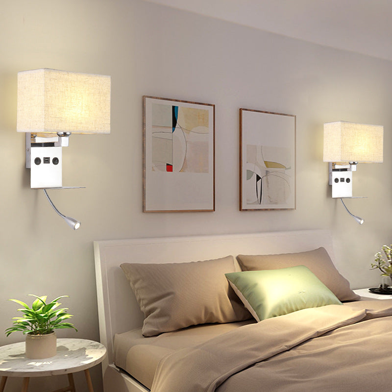 Modern Adjustable Metal Wall Sconce Rectangle Shape Wall Light with Fabric Shade for Study