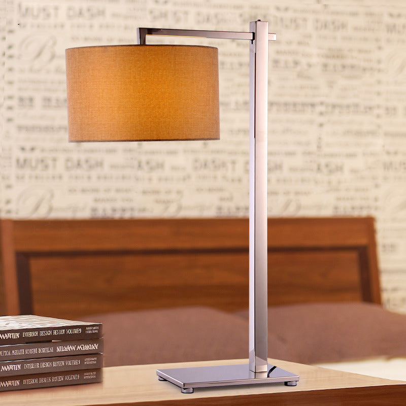 Fabric Short Cylinder Night Lamp Modern Style 1 Head Brown Table Lighting with Tall Steel Stand