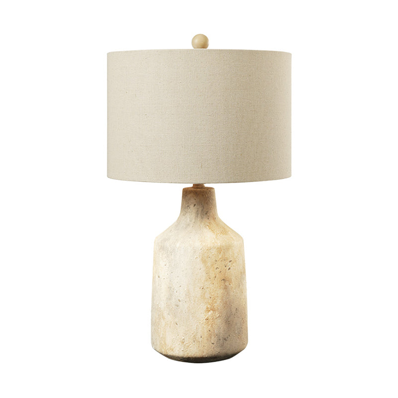 Minimalist Jar Nightstand Light Cement 1-Light Bedside Table Lighting with Drum Fabric Lampshade in White