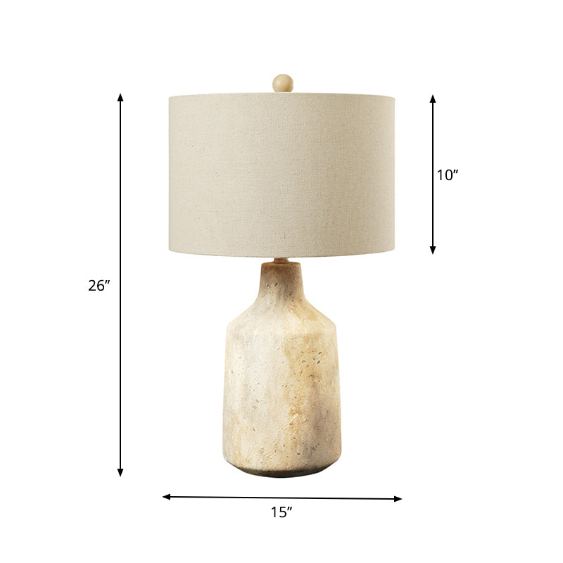 Minimalist Jar Nightstand Light Cement 1-Light Bedside Table Lighting with Drum Fabric Lampshade in White